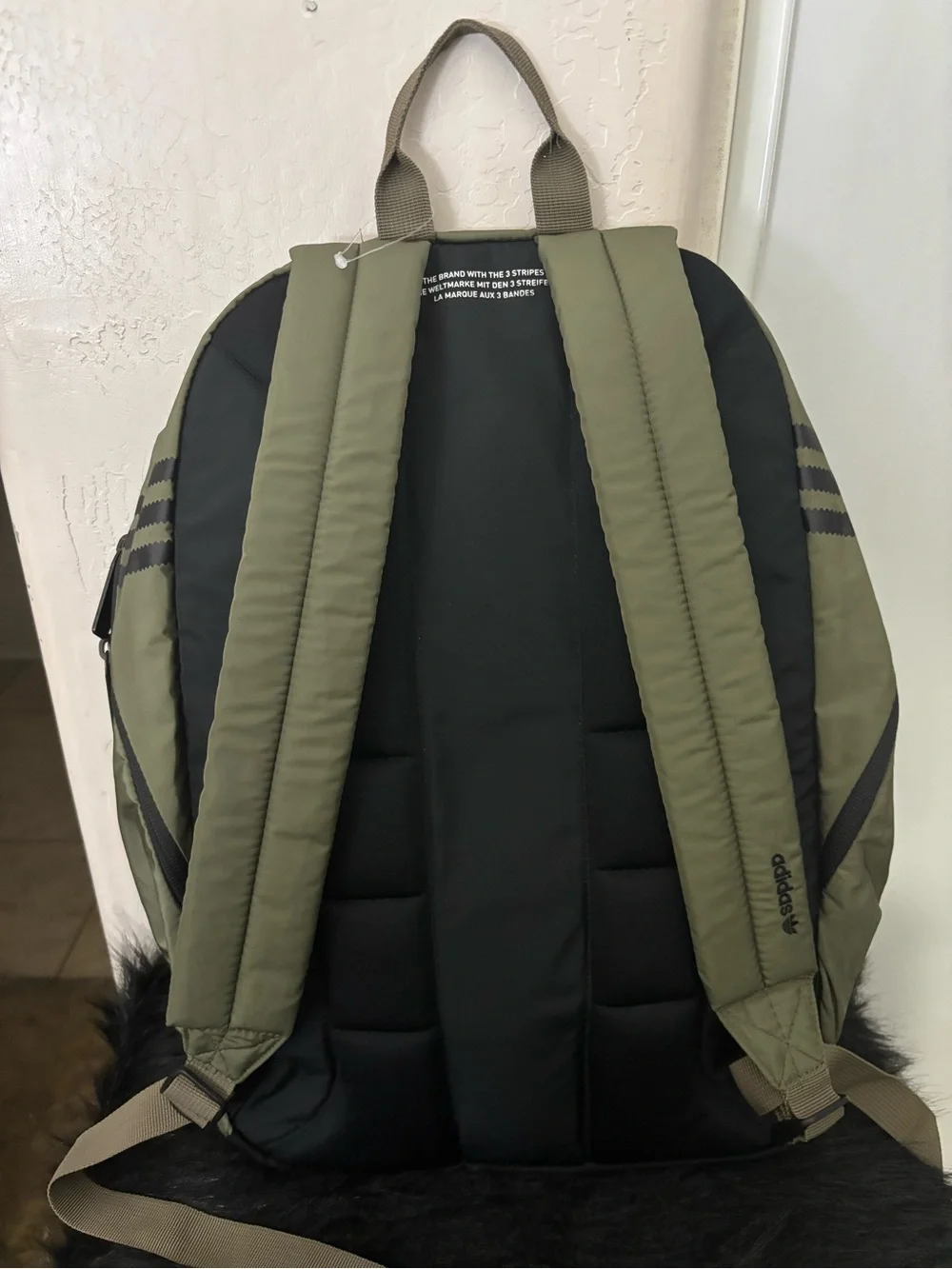 NWT adidas Originals Nationals Plus Olive Green Backpack with Trefoil logo.